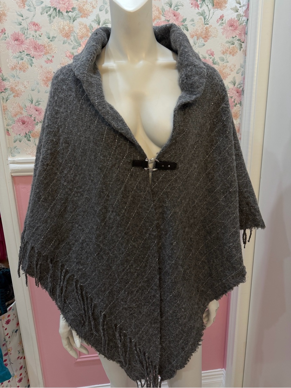 Marc New York Charcoal Gray Fringed Wool-Blend Poncho